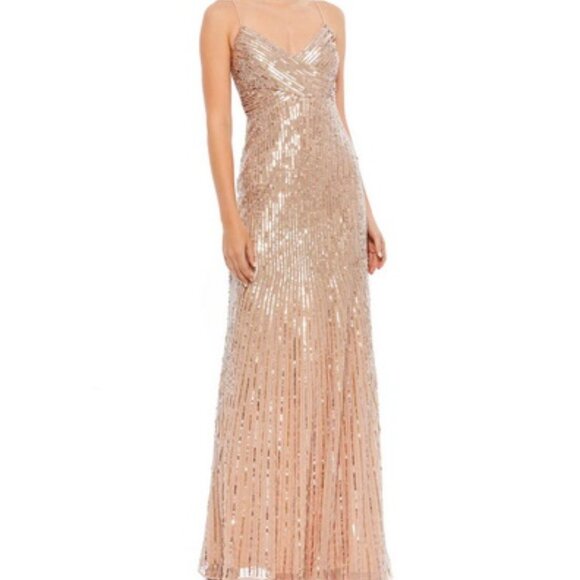 Mac Duggal Gold Nude Sequin Beaded Spaghetti Strap Gown Dress